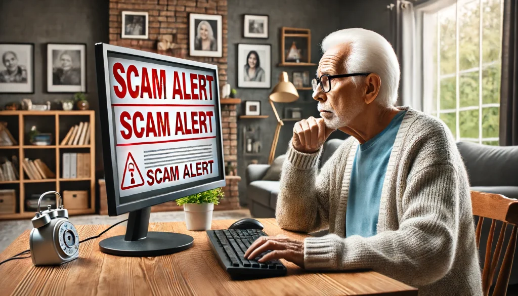 DALL·E 2024 06 18 01.27.34 An elderly person sitting at a desk with a worried expression looking at a computer screen displaying a scam warning message. The background shows a