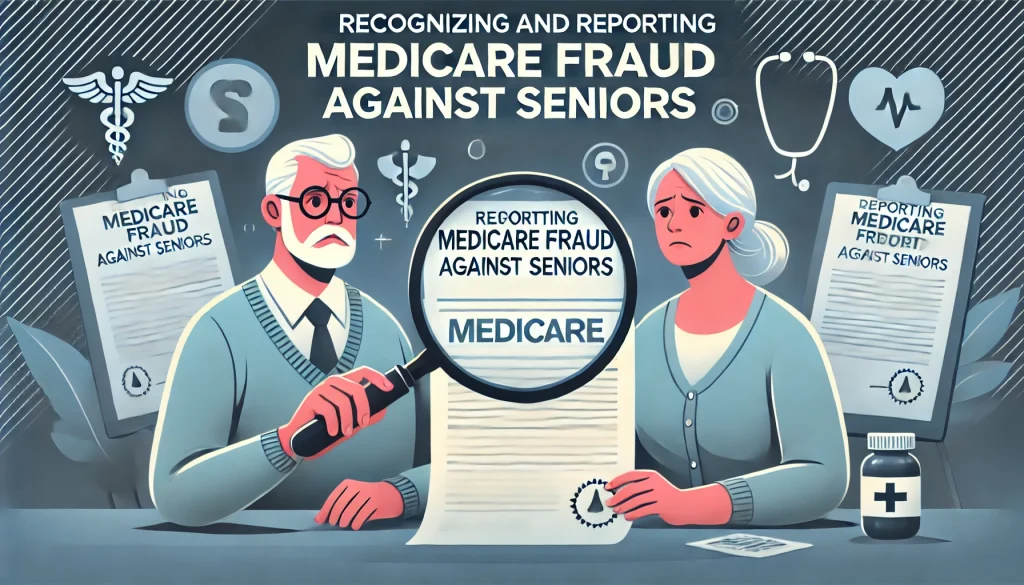 DALL·E 2024 06 19 22.43.14 A blog graphic titled Recognizing and Reporting Medicare Fraud Against Seniors. The graphic should feature a concerned elderly couple with a magnify